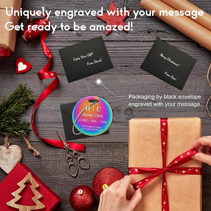 Stainless Luggage Tags for Suitcases 4 Pack: Metal Personalized Luggage Tags for Backpacks & Bags with Customizable Texts (Rainbow)