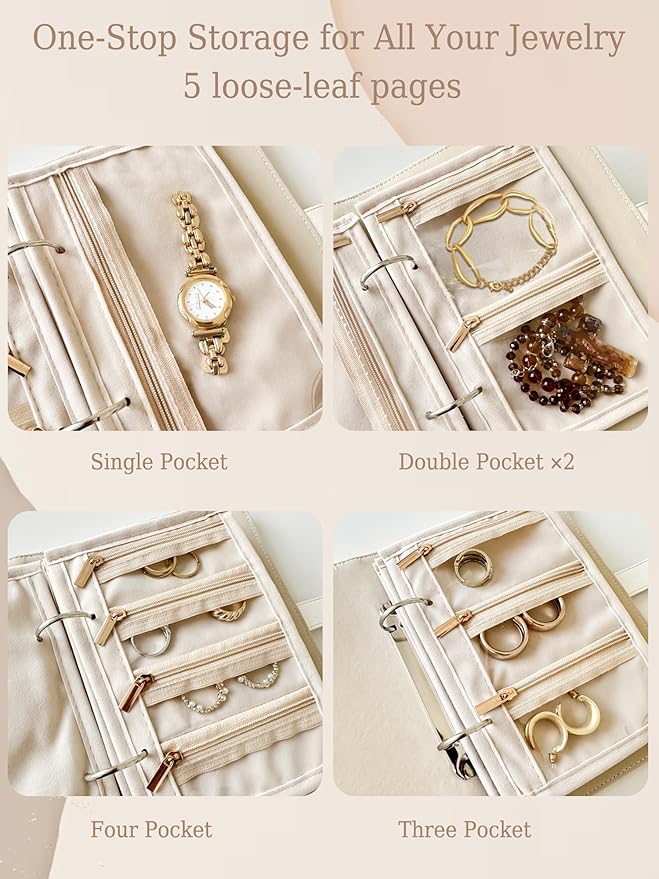 Travel Jewelry Organizer Case, Portable Jewelry Storage Roll Bag with Clear Zipper Velvet Pouch, Jewelry Holder Book Ring Binder for Bracelet, Necklace, Earring, Ring (White)