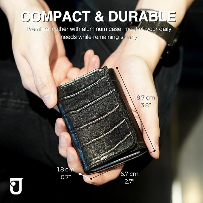 Jenoss Smart Wallet For Men: Full Grain Leather, Handcrafted, Slide Metal Pop Up Case, Slim RFID Blocking Credit Card Holder, Minimalist Compact, 6-8 Cards Organizers, Front Pocket, Money Clip (Black)