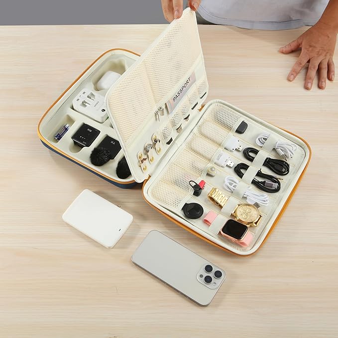Electronics Organizer Case, Daily Tech Accessories Storage Bag for Charger, Cables, Power Bank, Lapel Mic,Watch, Passport, Travel Electronic Organizer Case for Travel Live Streaming Business Trip