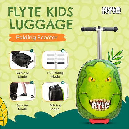 Flyte Darwin The Dino Scooter Suitcase - Rideable, Carry on Compliant 2-in-1 Children's Suitcases, 18 inch Ride on Suitcase for Kids, 25 Litre Capacity Kids' Luggage on Wheels for Children Aged 4+