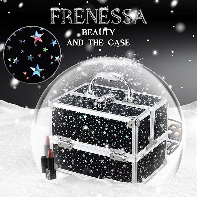 FRENESSA Makeup Train Case 8.85 Inch Portable Makeup Case Organizer Cosmetic Box Make Up Box Makeup Organizer Cosmetic Storage Cases with Locking Nail Kit Organizer Small Travel Case Shiny Star