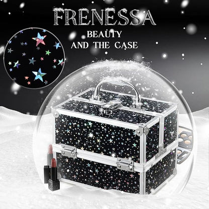 FRENESSA Makeup Train Case 8.85 Inch Portable Makeup Case Organizer Cosmetic Box Make Up Box Makeup Organizer Cosmetic Storage Cases with Locking Nail Kit Organizer Small Travel Case Shiny Star