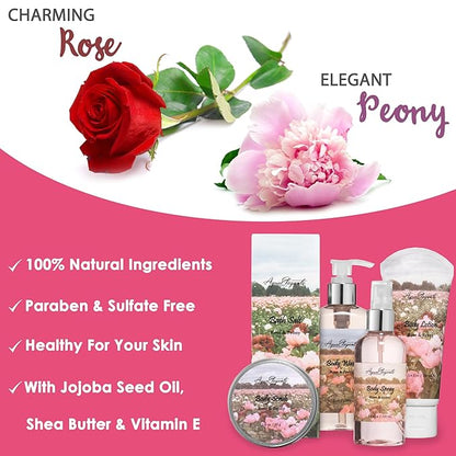 Spa Gift Baskets For Women - Luxury Bath Set With Rose Oil & Peony - Spa Kit Includes Body Wash, Bubble Bath, Lotion, Bath Salts, Body Scrub, Body Spray, Shower Puff, and Towel