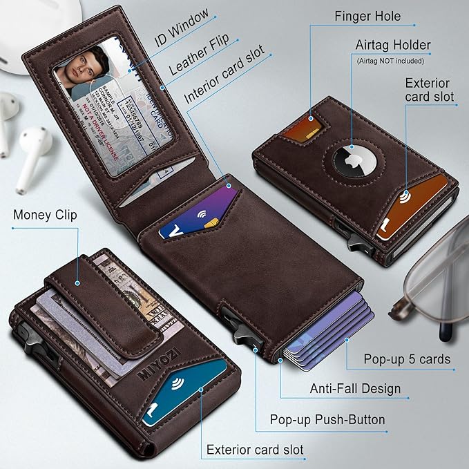 Airtag Wallet for Men,with Money Clip Gift Boxed,Slim Front Pocket Wallet RFID Blocking Metal Case Smart Pop-up Credit Card Holder in Magnetic Leather Flip