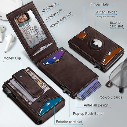 Airtag Wallet for Men,with Money Clip Gift Boxed,Slim Front Pocket Wallet RFID Blocking Metal Case Smart Pop-up Credit Card Holder in Magnetic Leather Flip