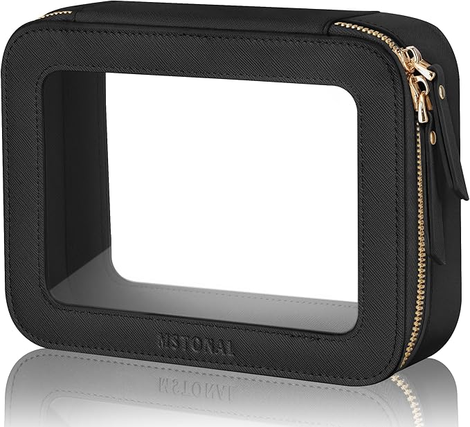 Clear Makeup Bag, Travel Toiletry Bag Cosmetic Case for Women, Waterproof Portable Make Up Skincare Pouch with Zipper, Compact Car Organizer Bag for Essentials, Medium Size, Black