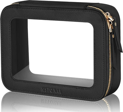 Clear Makeup Bag, Travel Toiletry Bag Cosmetic Case for Women, Waterproof Portable Make Up Skincare Pouch with Zipper, Compact Car Organizer Bag for Essentials, Medium Size, Black