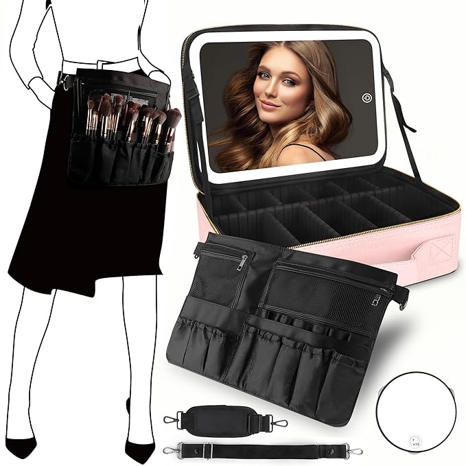 MOMIRA Large Makeup Train Case with Lighted and Mirror 14inch Partitionable Cosmetic Bag Travel Makeup Case Professional Cosmetic Artist Organizer, Waterproof Portable, with Shoulder Stra Pink