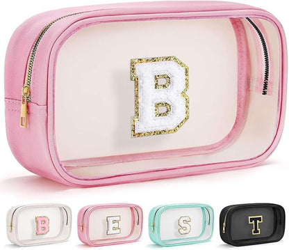 YOOLIFE Birthday Gifts | Initial Travel Makeup Bag Pouch, Clear Toiletry Bag for Women Travel Accessories Cosmetic Bag Skin Care for Teen Make Up Bags Birthday Gifts for Teacher Mom Pink B