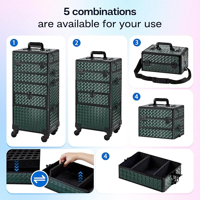 Makeup Train Case with Drawer, Rolling Makeup Case, Cosmetology Case on Wheels, Gift, Large Makeup Case Organizers, Professional for Salon Barber, Nail, Tattoo, Black Green