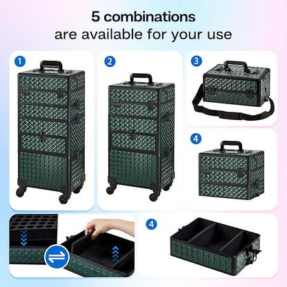 Makeup Train Case with Drawer, Rolling Makeup Case, Cosmetology Case on Wheels, Gift, Large Makeup Case Organizers, Professional for Salon Barber, Nail, Tattoo, Black Green
