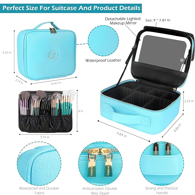 MOMIRA Travel Makeup Bag Cosmetic Bag with Lighted Mirror, Adjustable Brightness in 3 Color Scenarios, Waterproof, 10x Magnifying Mirror, Rotatable Independent Light Mirror- Diamond Blue(Solid)