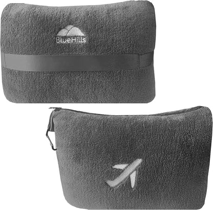 BlueHills Travel Blanket Pillow in Mini Soft Case Premium Plush Airplane Blanket Soft Bag Compact Pack with Luggage Belt and Backpack Clip Small Lightweight Traveling Plane Essentials - Grey Gray M01