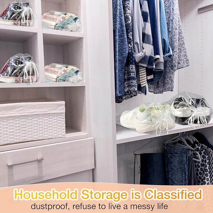 Thenshop 100 Pieces Plastic Shoe Bags for Travel Large Clear Drawstring Bags 12 x 16 Inch Travel Shoe Organizers Thick Waterproof Storage Portable Pouch with Rope for Slipper Men Women