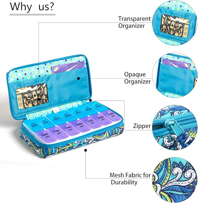 Weekly 7 Day Pill Organizer Case 2 Times a Day (AM/PM), Large Portable Pill Box 7 Day for Vitamin Medicine, Pill Case with Quilted Fabric Zipper Cute Bag for Travel or Daily