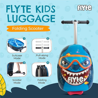 FLYTE Scooter Suitcase Folding Kids Luggage – Stormy the Shark, 18 Inch Hardshell, Ride On with Wheels, 2-in-1, 25 Litre Capacity