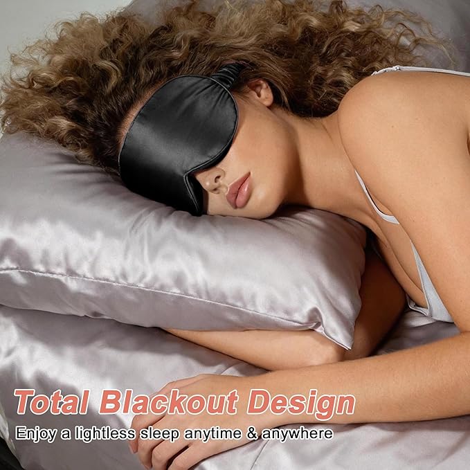 VOCOSTE 22 Momme Pure Silk Sleep Mask with Travel Pouch, 3D Contour Adjustable Blindfold for Side Sleepers, Eye Mask Locks Light for Sleeping, Black