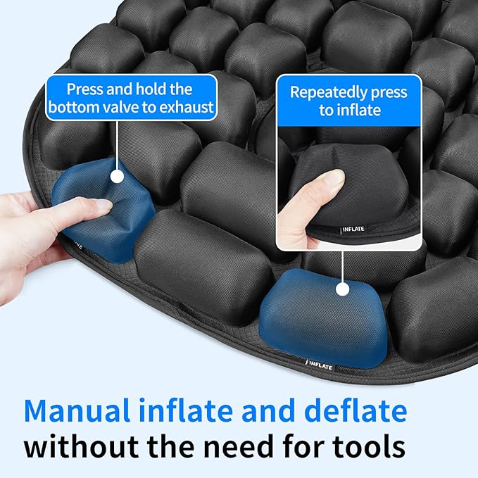 Travel Seat Cushion for Airplane - INFLATE/Deflate Built in Pump Inflatable Seat Cushion for Office Chairs, Wheelchairs, Car Seats & Outdoor Cushions 17.7x15.7 inches (Black)