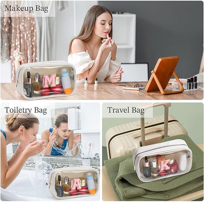 YOOLIFE Initial Make Up Bag Travel Toiletry Bag, Clear Makeup Bag Preppy Cosmetic Bag Clear Makeup Bags With Zipper Girlfriend Teacher 6 Year Old Girl Gifts Daughter Gifts Swim Gifts For Girls White M