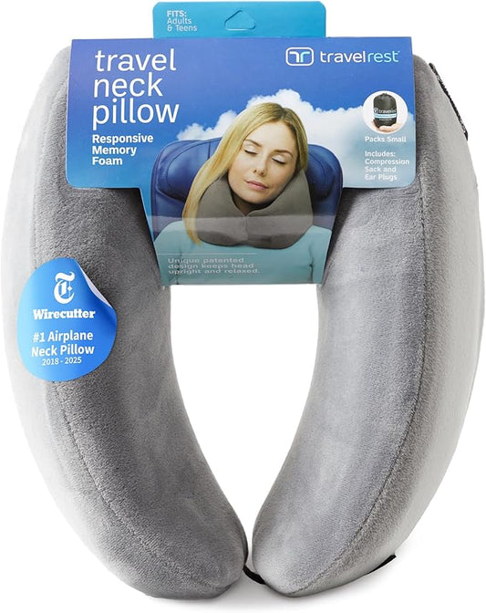 TRAVELREST Nest Neck Pillow Travel Essentials - Memory Foam Pillow and Patented Design, Support for Long Flights, Travel Accessories, Comfortable and Compact, Washable, Attaches to Luggage - Gray