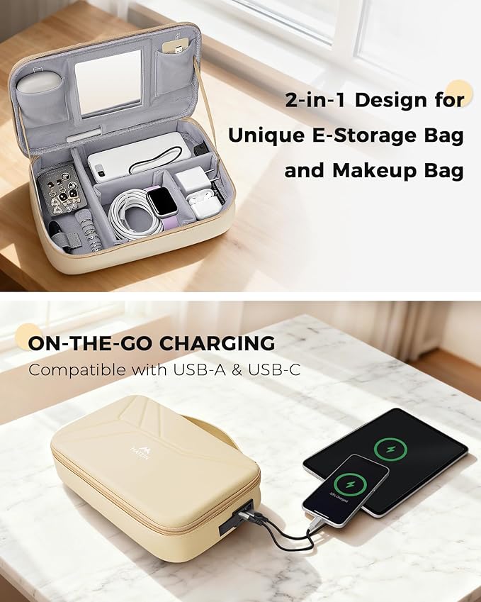 MATEIN Hardcase Electronics Organizer for Women, Hardshell Tech Travel Bag Shockproof Portable Cable Organizer Bag, Waterproof Electronics Travel Case for Cord, Charger, Power Bank, Apricot