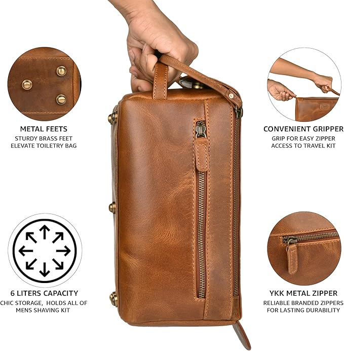 LEATHER VILLAGE Premium Leather Travel Toiletry Bag - Water-Resistant Dopp Kit for Toiletries, Large Shaving Bag & Bathroom Organizer - Gift for Men & Women - Tan Brown