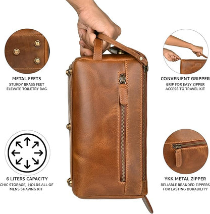 LEATHER VILLAGE Premium Leather Travel Toiletry Bag - Water-Resistant Dopp Kit for Toiletries, Large Shaving Bag & Bathroom Organizer - Gift for Men & Women - Tan Brown