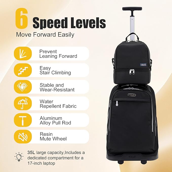 NEW TILAMI 19 Inch Rolling Backpack with Lunch Bag for Girls Boys Wheeled Laptop Backpack Durable Carry-on Bag School Travel, Pure Black