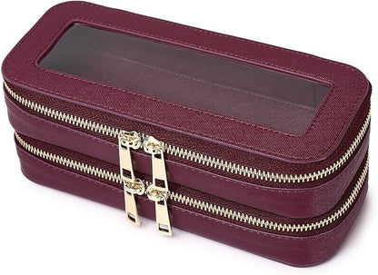 Pinkmik Double Layer Makeup Bag Makeup Brush Case Waterproof Travel Cosmetic & Toiletry Bag Purse Organizer and Car Essentials for Women (X/Burgundy, Double SLIM)