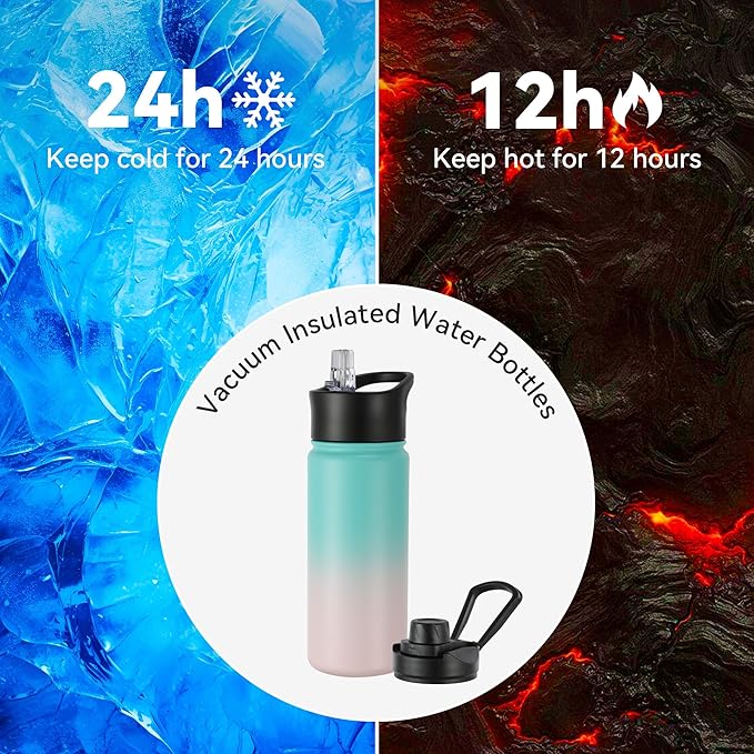 16 oz Insulated Water Bottle with Straw Lids, Stainless Steel Kids Water Bottles for School, Double Wall Vacuum Metal Water Bottle with Straw & Wide Mouth Lid, Bubble Gum 1 Pack