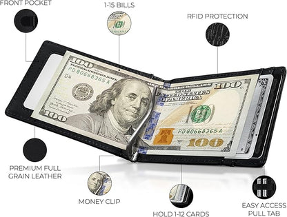Kingly Cash Clip Slim Leather Wallet for Men with RFID Blocking & Money Clip - Minimalist Front Pocket Bifold Wallet Holds 12 Cards - Secure Card Holder with Easy Access Pull Tab