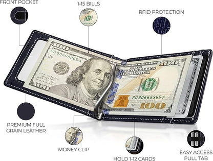 Kingly Cash Clip Slim Leather Wallet for Men with RFID Blocking & Money Clip - Minimalist Front Pocket Bifold Wallet Holds 12 Cards - Secure Card Holder with Easy Access Pull Tab