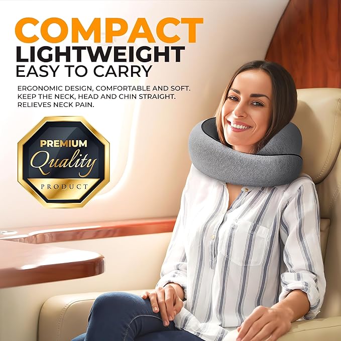 EdgeVoy™ Travel Neck Pillow, Memory Foam Travel Pillow for Airplanes, 360º Ergonomic Design, Asymmetrical Sides, Washable Modal Cover, Ideal for Travel, Car Rides, & Home Use (Gray)
