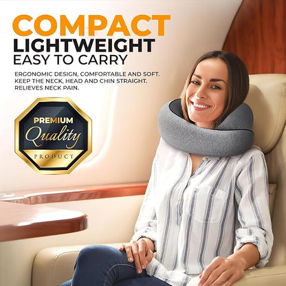 EdgeVoy™ Travel Neck Pillow, Memory Foam Travel Pillow for Airplanes, 360º Ergonomic Design, Asymmetrical Sides, Washable Modal Cover, Ideal for Travel, Car Rides, & Home Use (Gray)