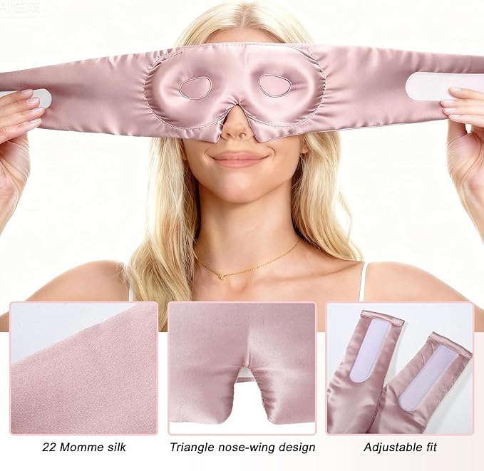 VOCOSTE 22 Momme Pure Silk Sleep Mask with Travel Pouch, 3D Contour Adjustable Blindfold for Side Sleepers, Eyelash Protecting for Natural Lashes & Extensions, Light Pink