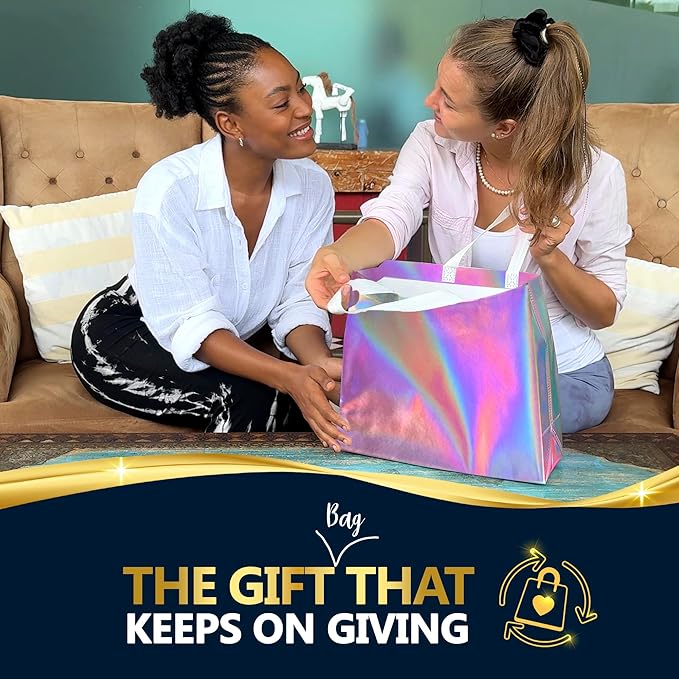 Nush Nush Large Pink Iridescent Gift Bags in Bulk – Set of 30 Holographic Pink Gift Bag With Handles - For Small Business, Birthday, Christmas, Goodie, Gifting, Party Favors - 13 "x 5" x 11" Size