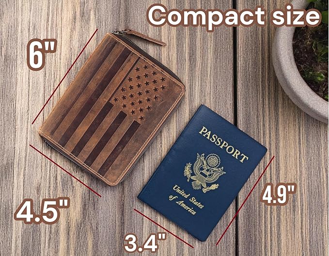 Passport Wallet - Travel Document Holder w/RFID Blocking – Full Grain Leather – Bifold compact zip around Wallet with Credit Card Slots for Women and Men, brown flag, 500-32