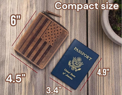 Passport Wallet - Travel Document Holder w/RFID Blocking – Full Grain Leather – Bifold compact zip around Wallet with Credit Card Slots for Women and Men, brown flag, 500-32