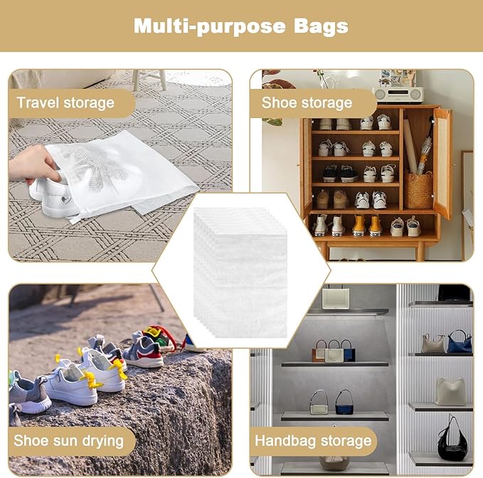 200 Pcs White Non-Woven Shoe Storage Bags – Dustproof Drawstring Travel Shoe Covers (12.5” x 18.5”) – Breathable & Portable Organizers for Shoes, Boots, Purses