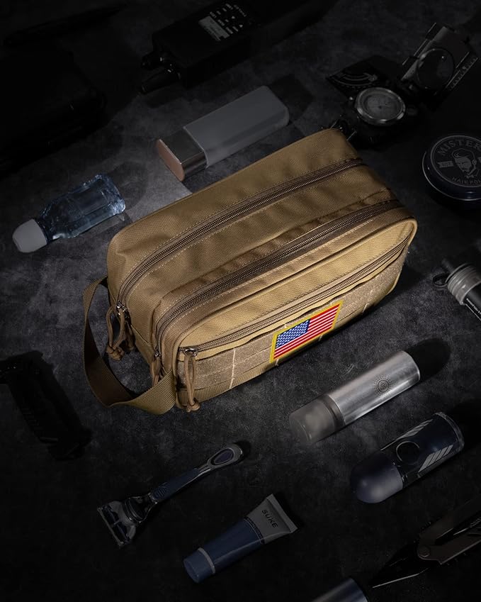 TACTICISM Toiletry Bag for Men - Dry Wet Separate Hygiene Bag Travel Toiletry Bag, Tactical Molle Dopp Kit for Men with Water-Resistant Shaving Bag for Adult Women for Travel, Brown