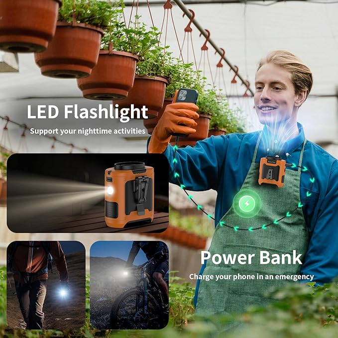 Socool 10000mAh Portable Waist Fan Clip on Wearable Belt Personal Fan Rechargeable Battery operated With 5 Speeds & Flashlight Neck Hands-Free 40H Cooling For Outdoor Camping Travel (Orange)