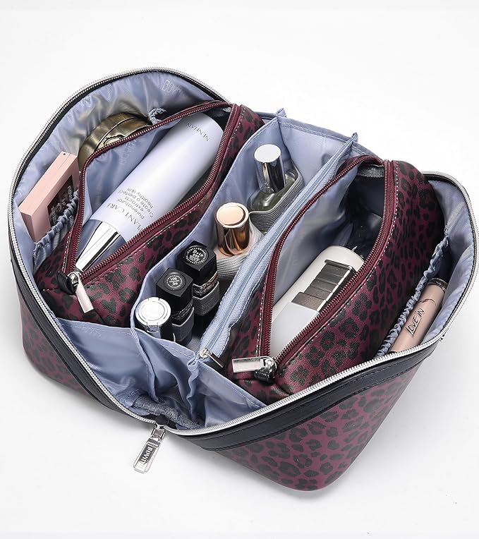 BOYATU Travel Makeup Bag for Women: 3 Pcs Set Portable Make up Bags with Handle - Leopard Print Cosmetic Bags with Comparments - Waterproof Vegan Leather Toiletry Bag (10-Red)