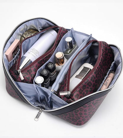 BOYATU Travel Makeup Bag for Women: 3 Pcs Set Portable Make up Bags with Handle - Leopard Print Cosmetic Bags with Comparments - Waterproof Vegan Leather Toiletry Bag (10-Red)