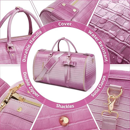 Garment Bags for Travel, 2-in-1 Convertible Travel Garment Duffle Bag for Women, Foldable Carry On Garment Bag with Shoe Compartment & Toiletry Pocket, PU Leather Weekender Bag, Pink-White