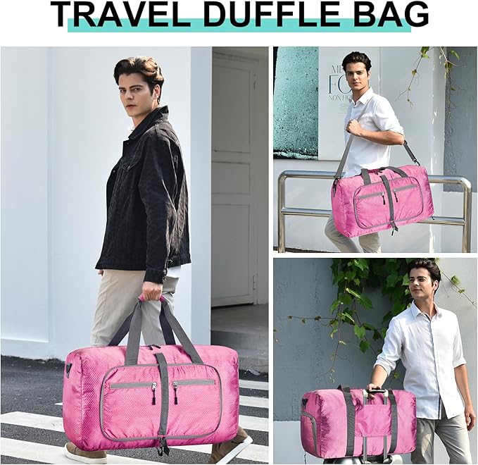 Dimayar Travel Duffle Bag for Men Women - Foldable Duffel Bag with Shoes Compartment - Overnight Bags Waterproof & Tear Resistant(65L,Pink)