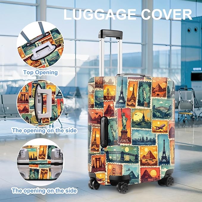 Colorful Landmark Travel Suitcase Cover – Waterproof Elastic Luggage Protector Wrap Featuring Iconic Monuments in Stamp Design,Fits 32"-34" Luggage, XL
