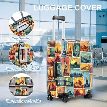 World Landmarks Luggage Cover – Travel Stamp Style Suitcase Protector Featuring Eiffel Tower, Statue of Liberty, and Pyramids, Elastic Washable Travel Cover,Fits 24"-26" Suitcase,M