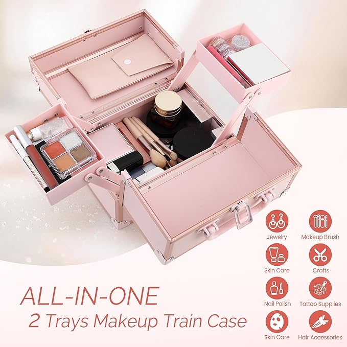 Makeup Train Case 2 Trays Makeup Box Organizer Portable Travel Makeup Case Lockable Makeup Storage Organizer Cosmetic Box for Jewelry Nail Tech Brushes Accessories Tool, Pink
