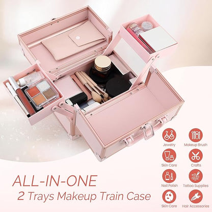 Makeup Train Case 2 Trays Makeup Box Organizer Portable Travel Makeup Case Lockable Makeup Storage Organizer Cosmetic Box for Jewelry Nail Tech Brushes Accessories Tool, Pink Pro